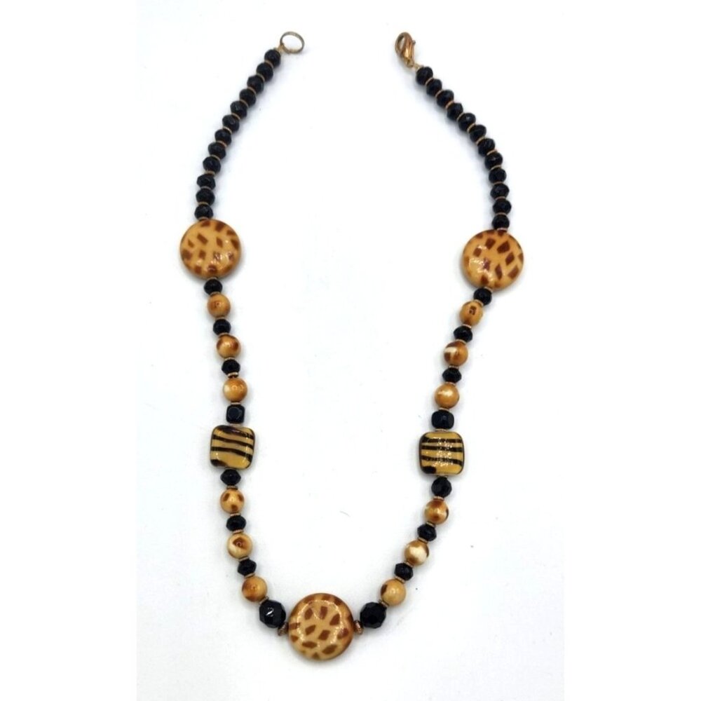 Vintage Beaded Necklace With Animal Print & Black Beads
